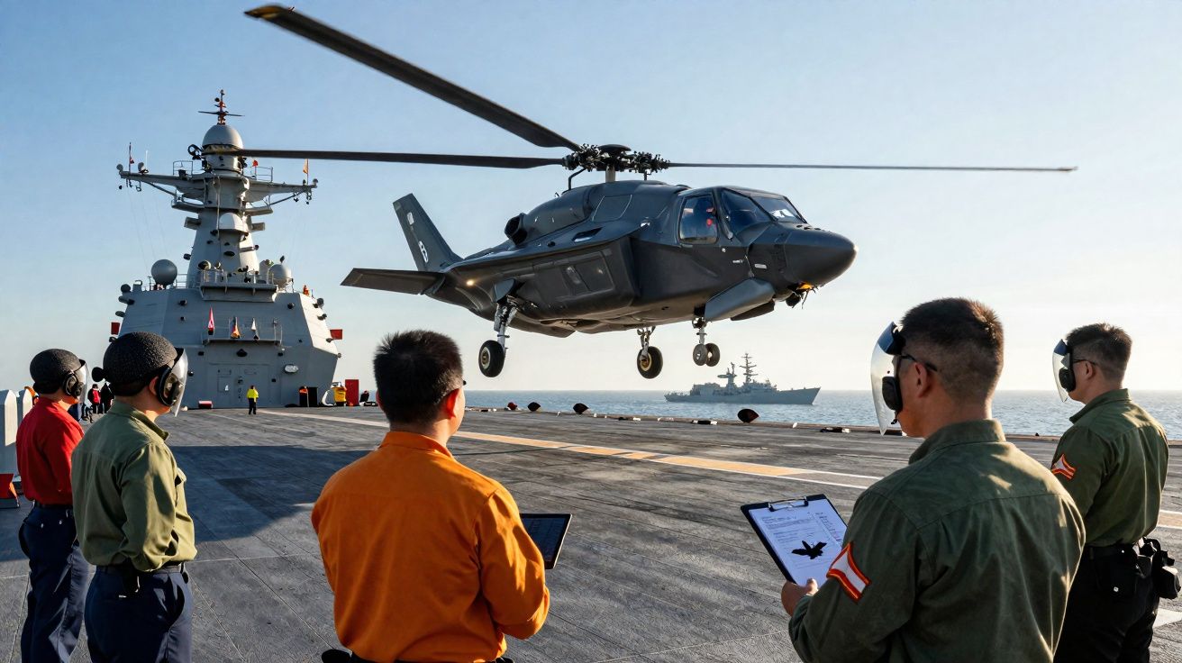 Helicóptero militar cinzento a descolar de um navio de guerra com cinco militares a observar na plataforma.