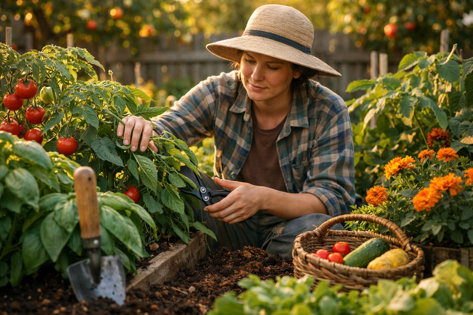 Mulher com chapéu a colher pimentos num jardim com tomates e flores alaranjadas.