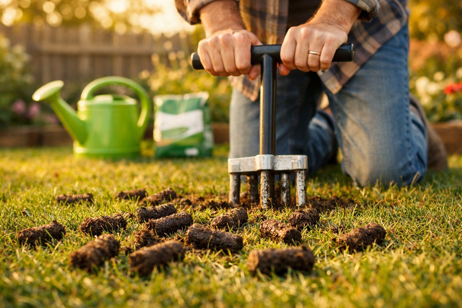 Pessoa a usar um aerador manual para perfurar relva num jardim, com regador verde ao fundo.