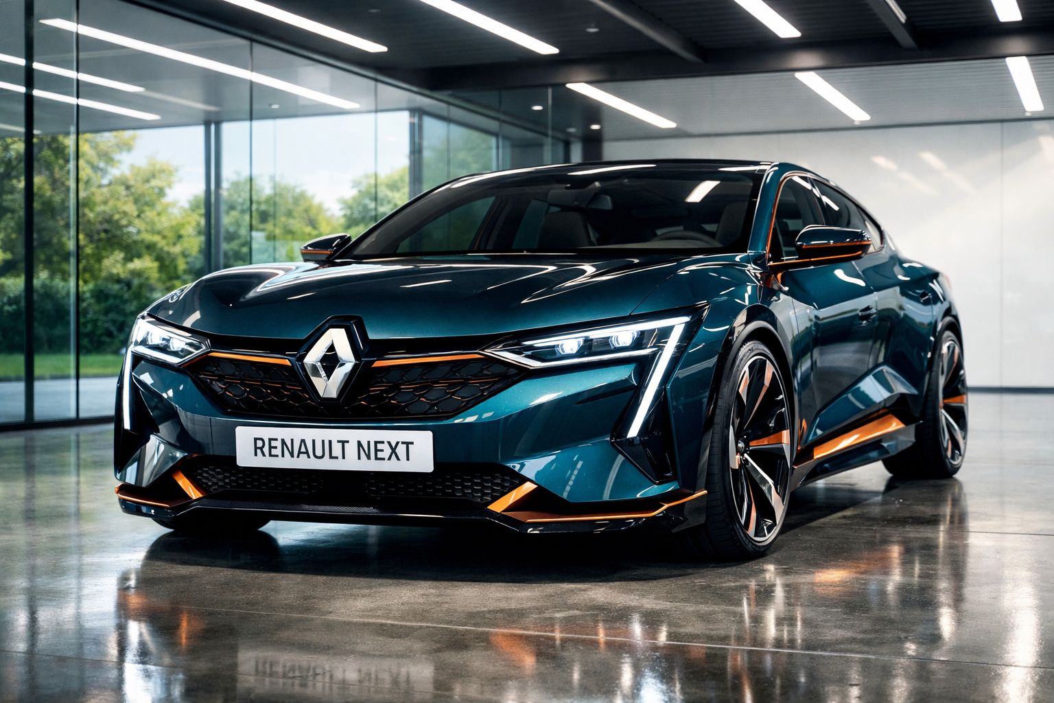 Carro elétrico Renault Next azul com detalhes laranja numa garagem moderna com paredes de vidro.