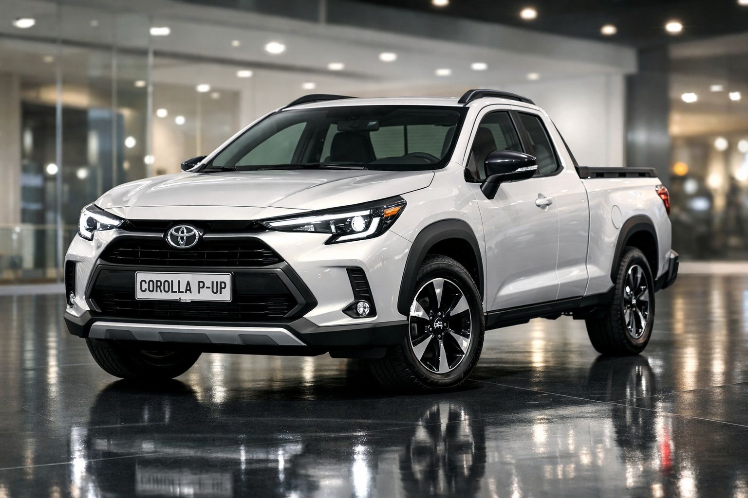 Picape Toyota Corolla P-UP branca estacionada num ambiente interior iluminado e moderno.