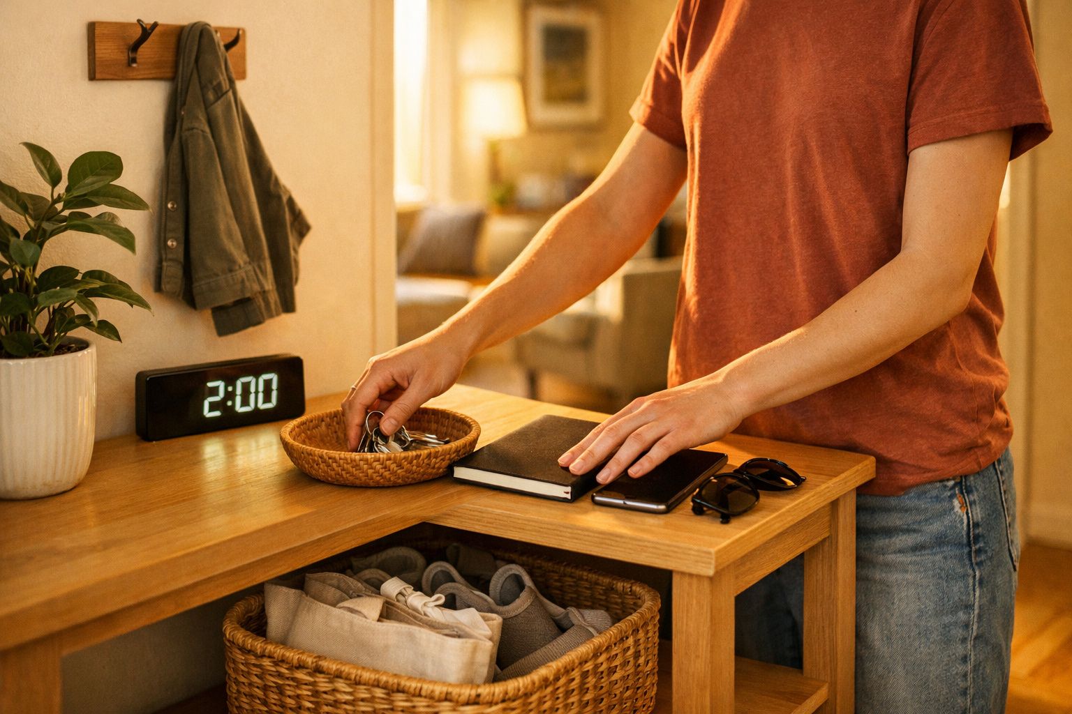 Pessoa a apanhar chaves numa tábua de madeira com relógio digital a mostrar 2:00 e objetos pessoais.