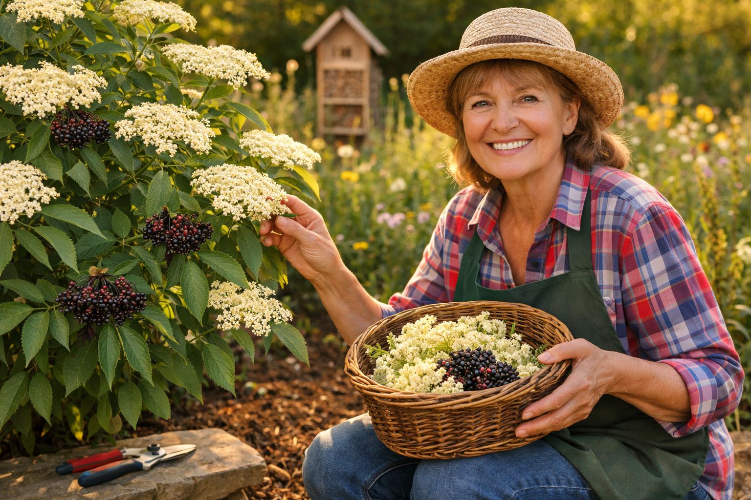 Mulher sorridente a colher flores brancas e bagas pretas num campo ensolarado, segurando cesta de vime.