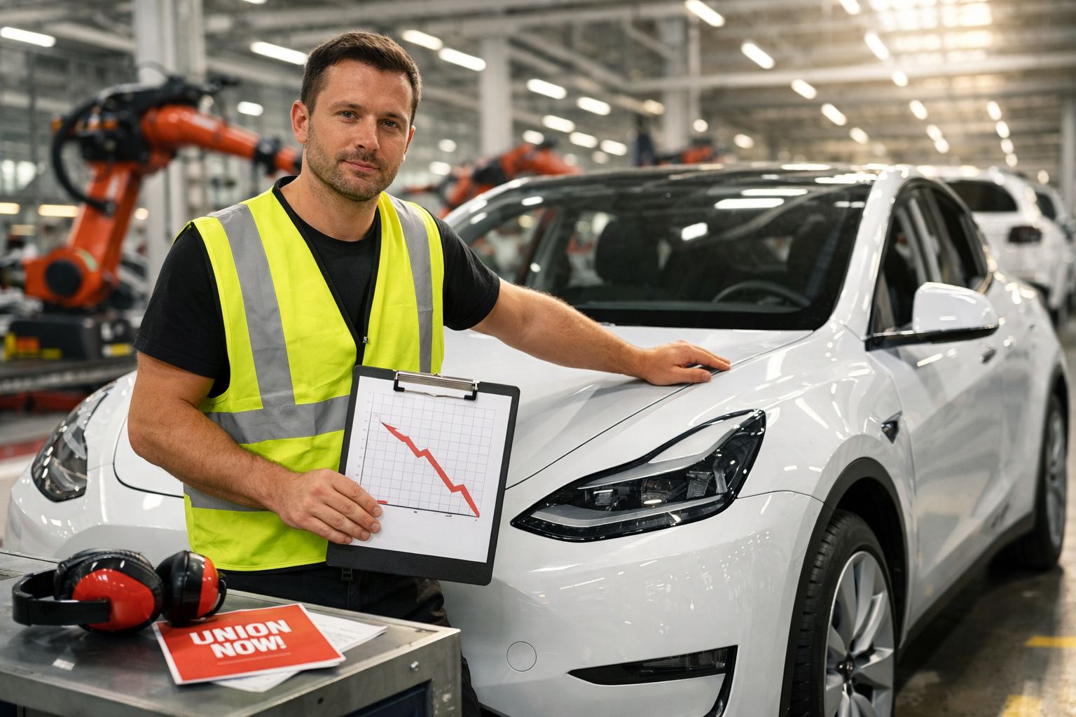 Homem com colete refletor apresenta gráfico descendente junto a carro elétrico branco numa fábrica.