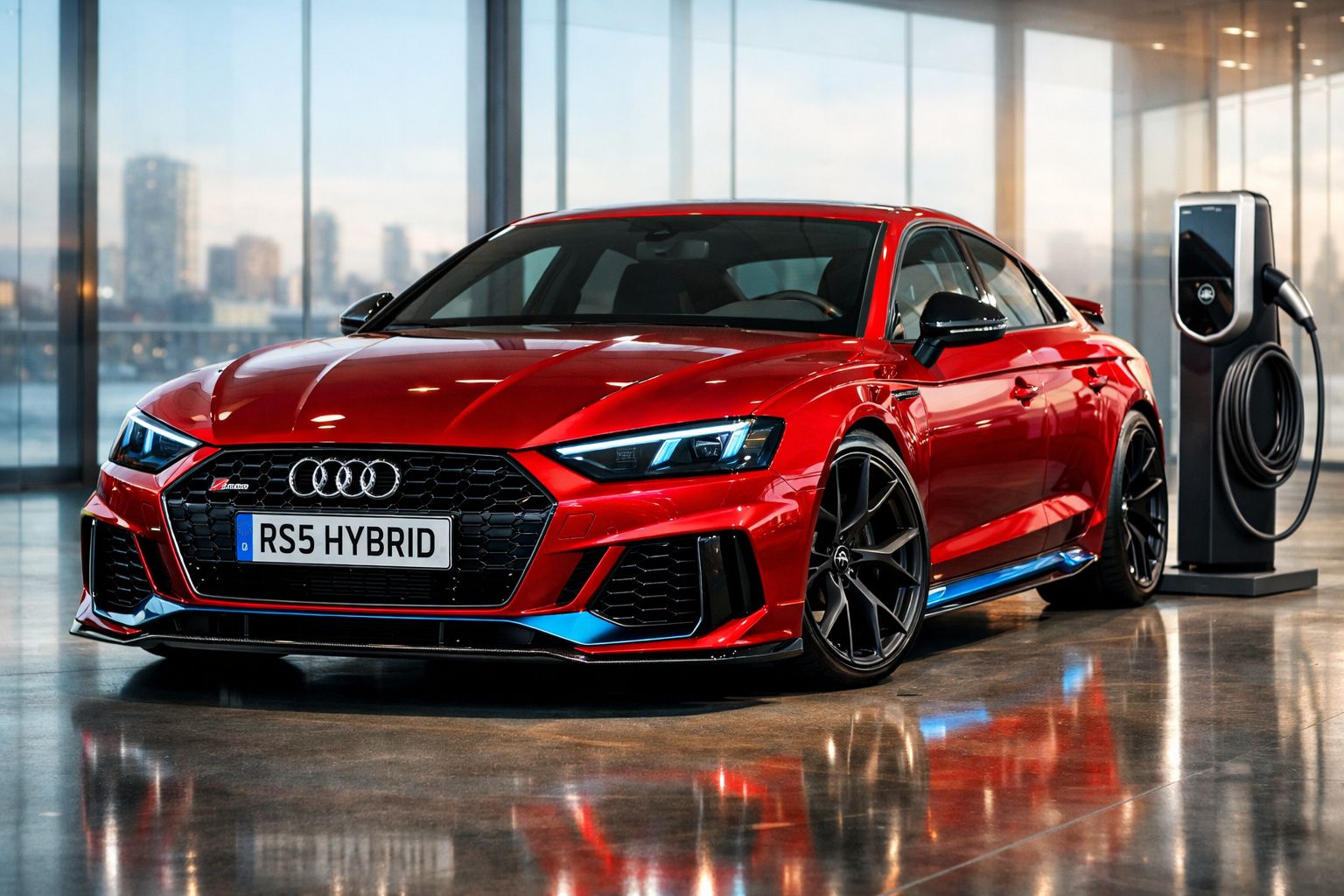 Carro desportivo Audi RS5 Hybrid vermelho estacionado junto a posto de carregamento elétrico interior.