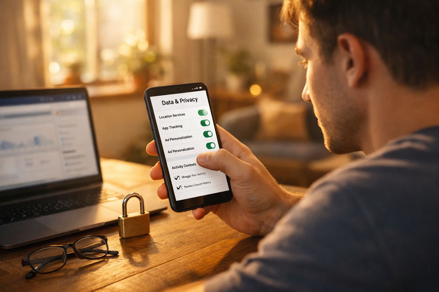 Homem segurando telemóvel com definições de privacidade ativadas, computador e cadeado sobre mesa de madeira.