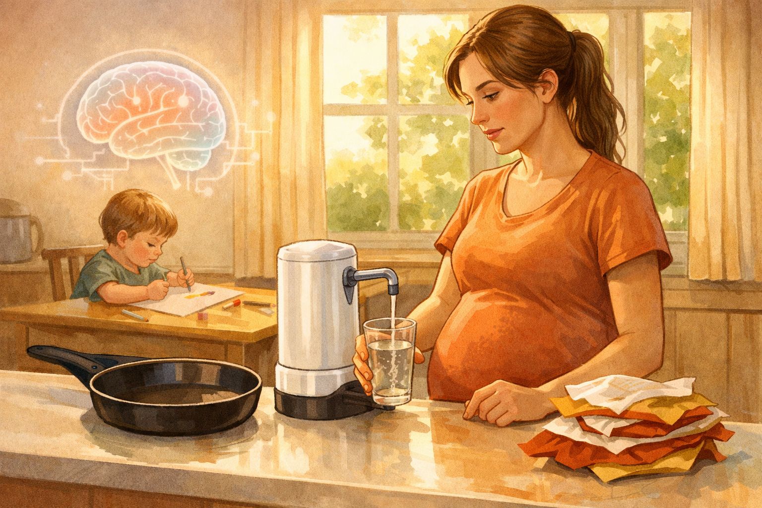 Mulher grávida enche copo com água na cozinha, criança desenha ao fundo com cérebro ilustrado acima.