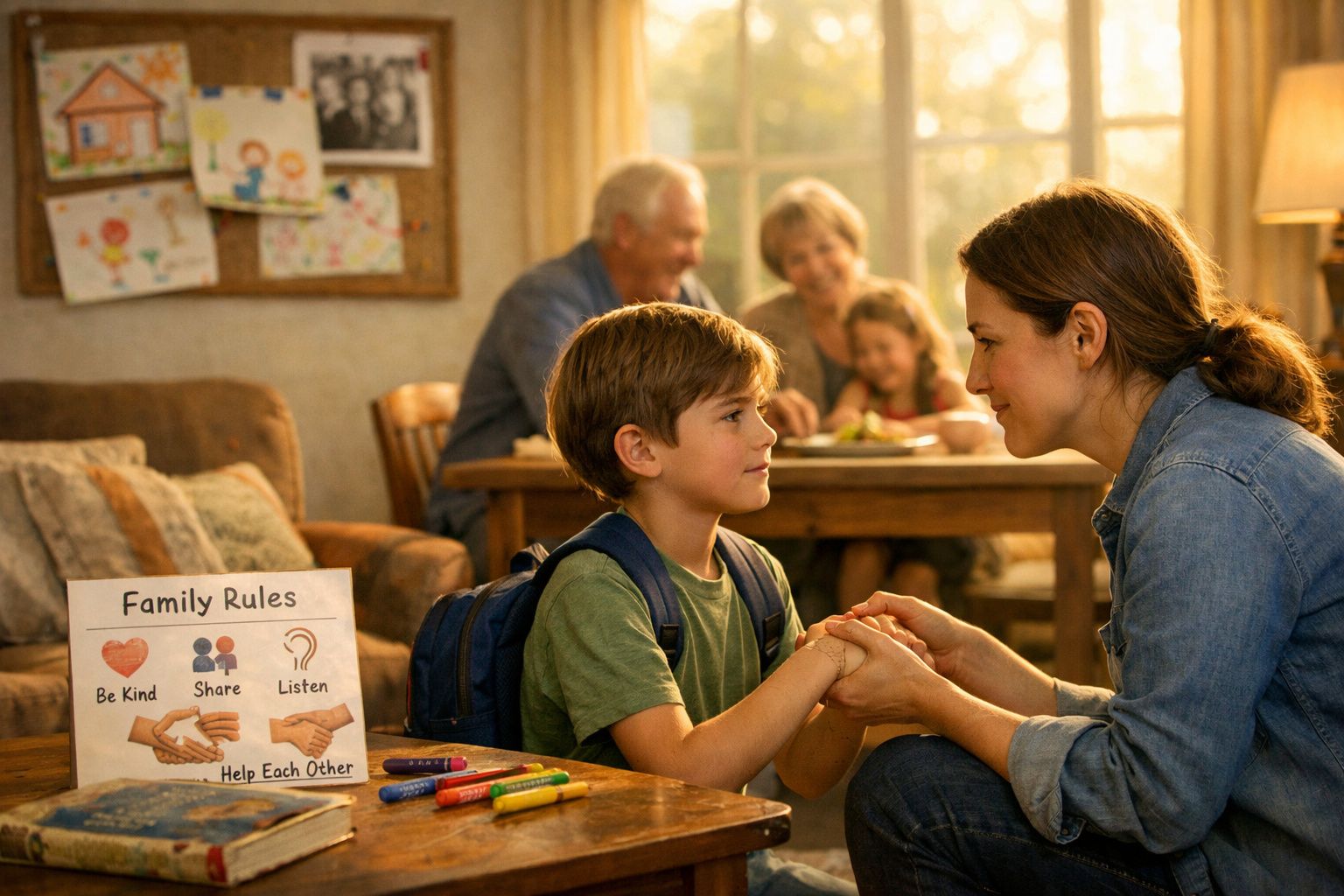 Mãe e filho de mãos dadas em sala com regras familiares desenhadas, avós e criança ao fundo sorrindo.