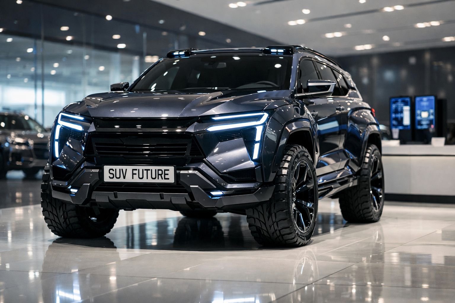 SUV futurista preto com luzes LED azuis exposto em salão automóvel moderno.