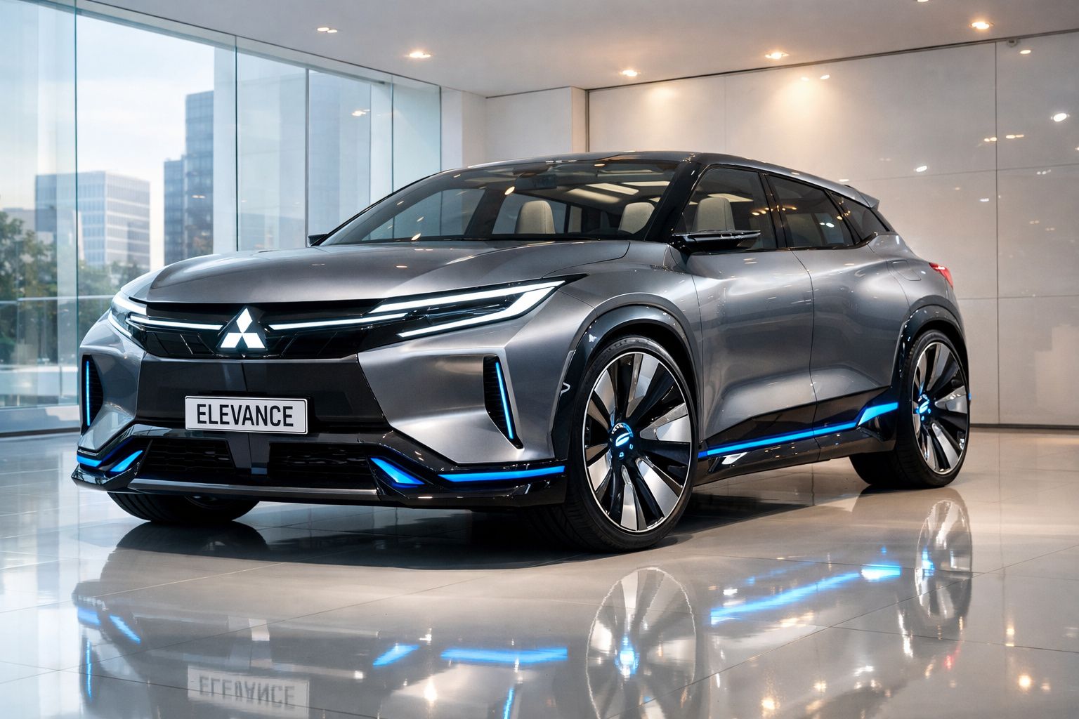 Carro elétrico cinza Mitsubishi Elevance estacionado em showroom moderno, com luzes LED azuis.