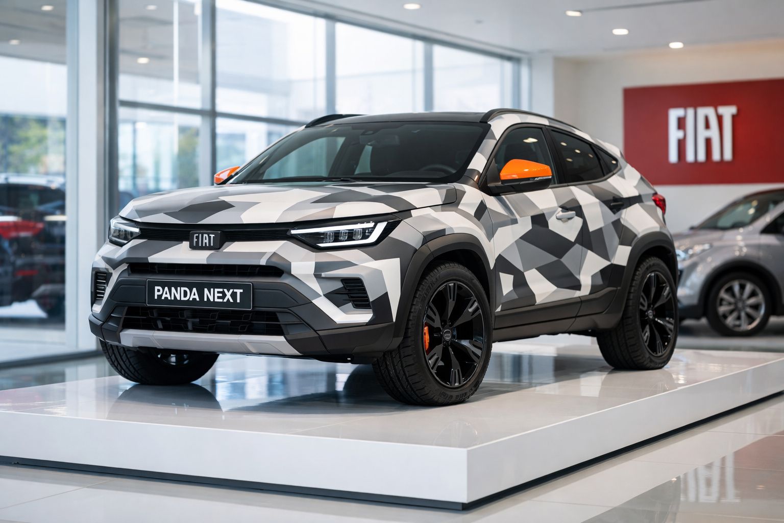 Carro Fiat Panda Next camuflado em exposição, com padrão geométrico em tons de cinza e detalhes laranja.