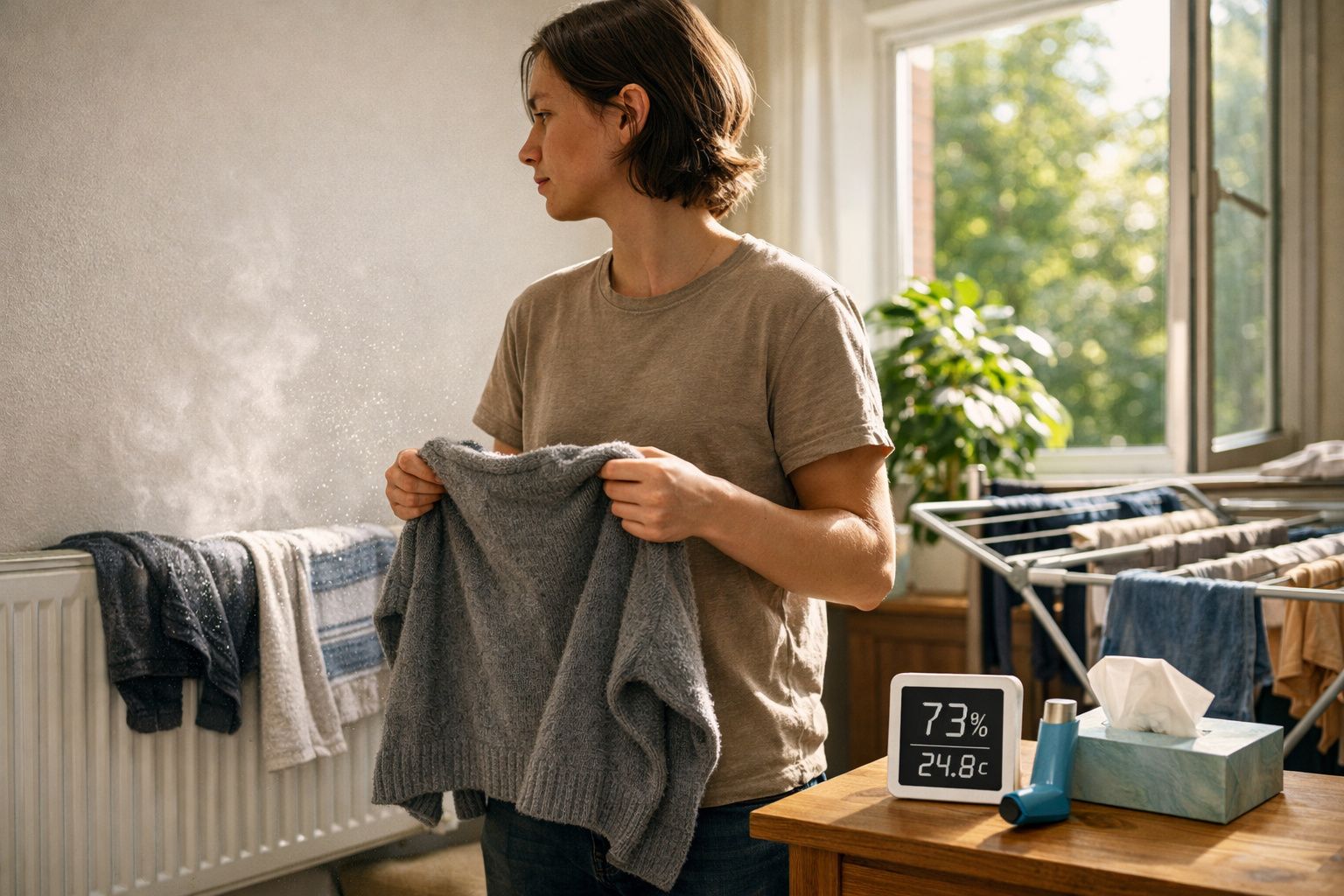 Pessoa a segurar camisola de lã quente numa divisão com roupa a secar e um humidificador digital a mostrar 73% e 24,8ºC.