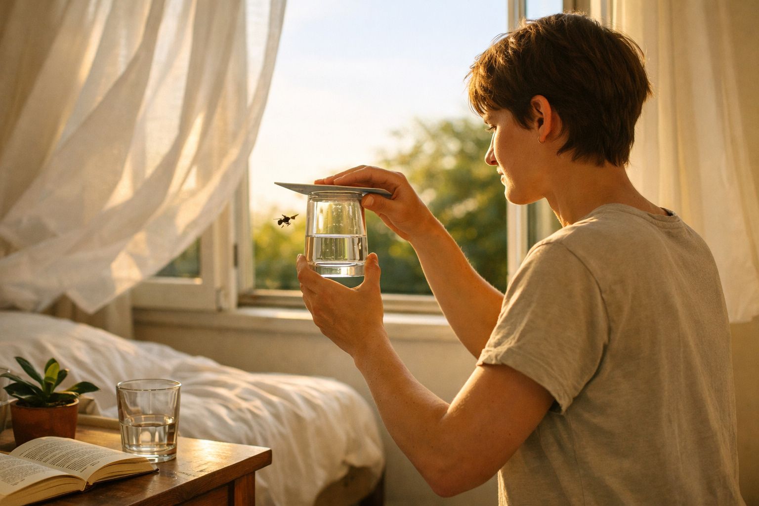 Pessoa a segurar um copo de água para apanhar uma abelha numa divisão iluminada pela luz natural.