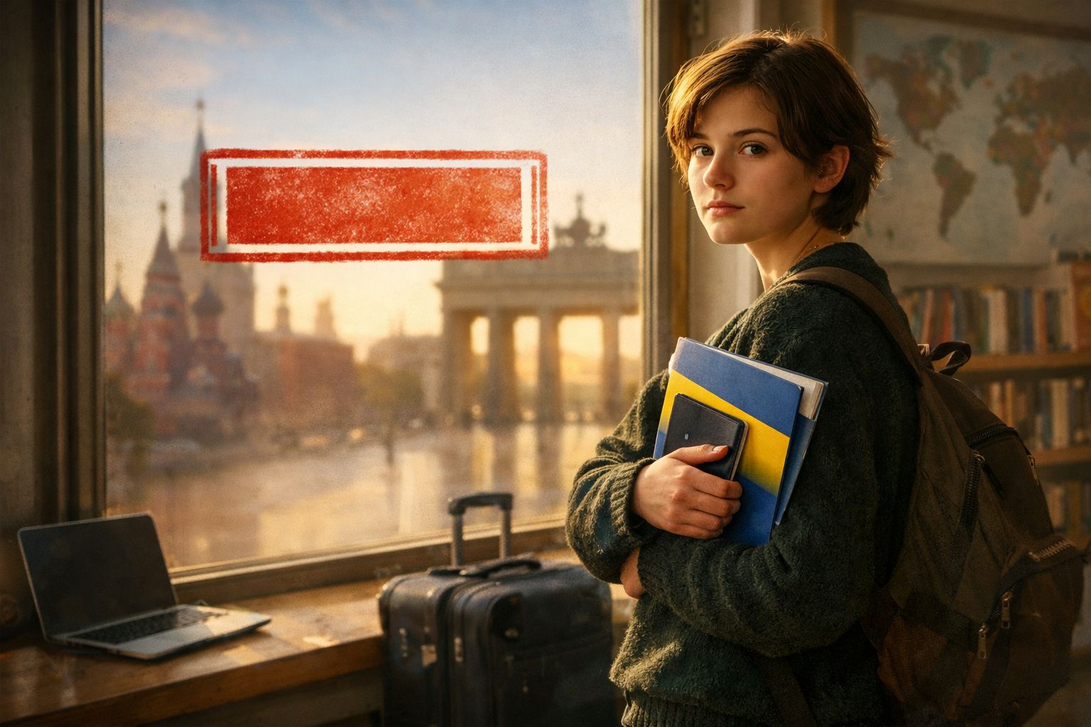 Jovem com mochila e livros na mão, em frente a janela com vista para monumentos históricos ao pôr do sol.