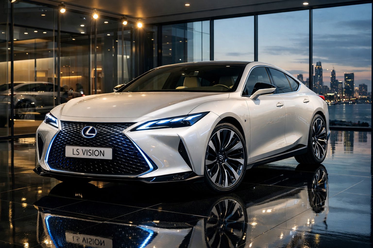 Carro desportivo Lexus LS Vision branco estacionado num edifício moderno com vista para a cidade ao pôr do sol.