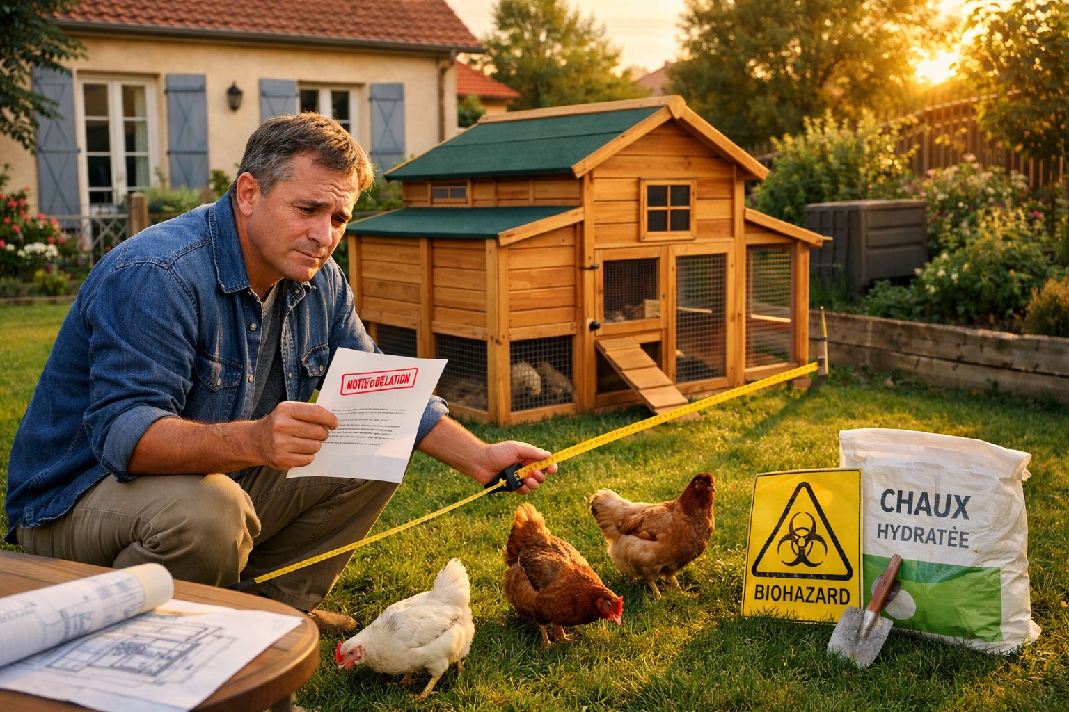 Homem mede espaço no quintal com galinhas e aviso de risco biológico junto a casinha de madeira.