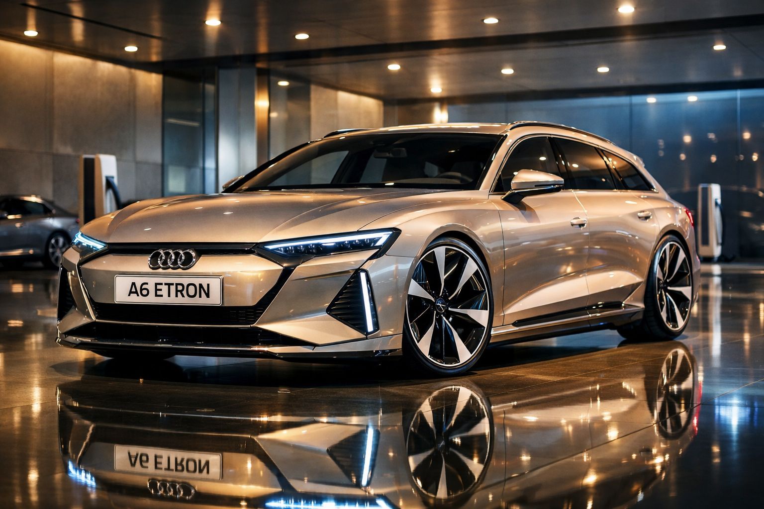 Carro elétrico Audi A6 e-tron prata exibido num ambiente moderno e iluminado.
