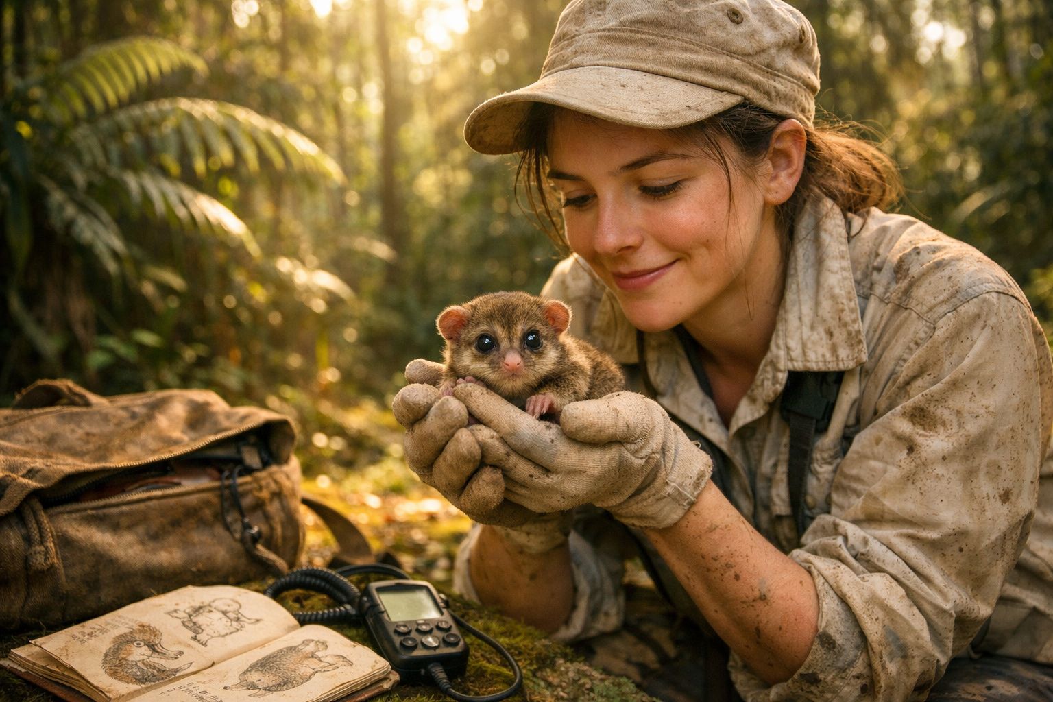 Mulher com roupa suja e luvas segura cuidadosamente pequeno animal num ambiente de floresta iluminado.