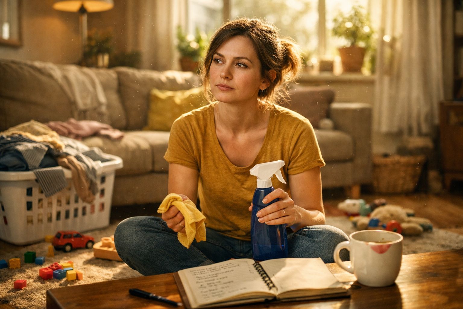 Mulher sentada no chão da sala, segurando um pano e um pulverizador de limpeza, com brinquedos e roupa ao redor.