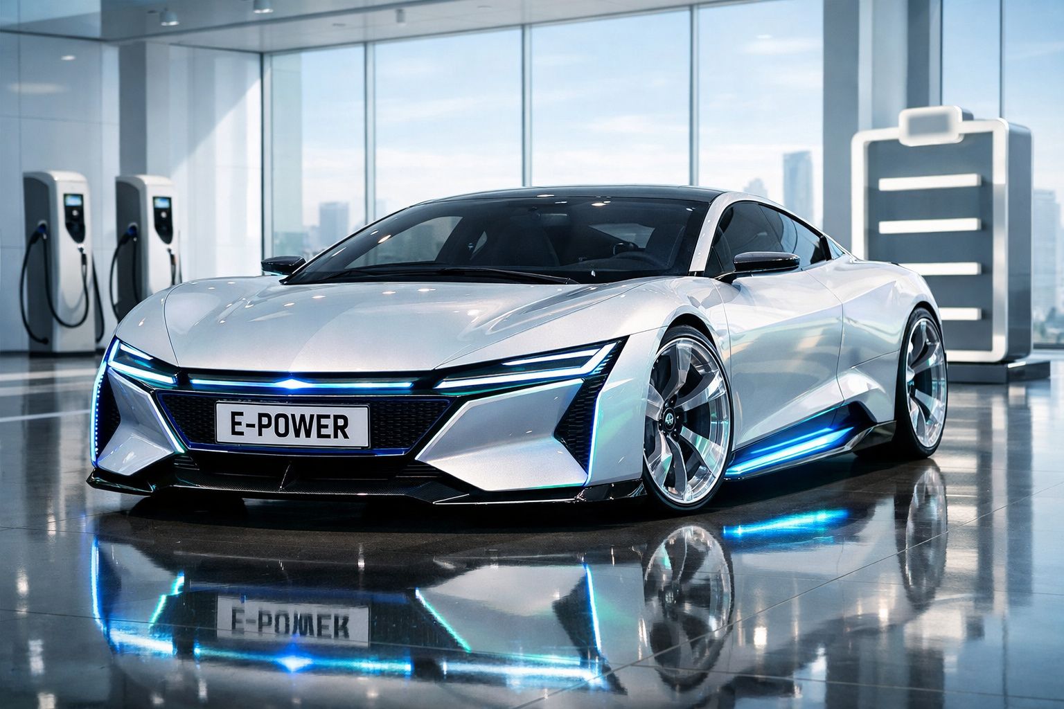 Carro elétrico desportivo prata com faróis LED azuis, estacionado em garagem moderna com carregadores elétricos.