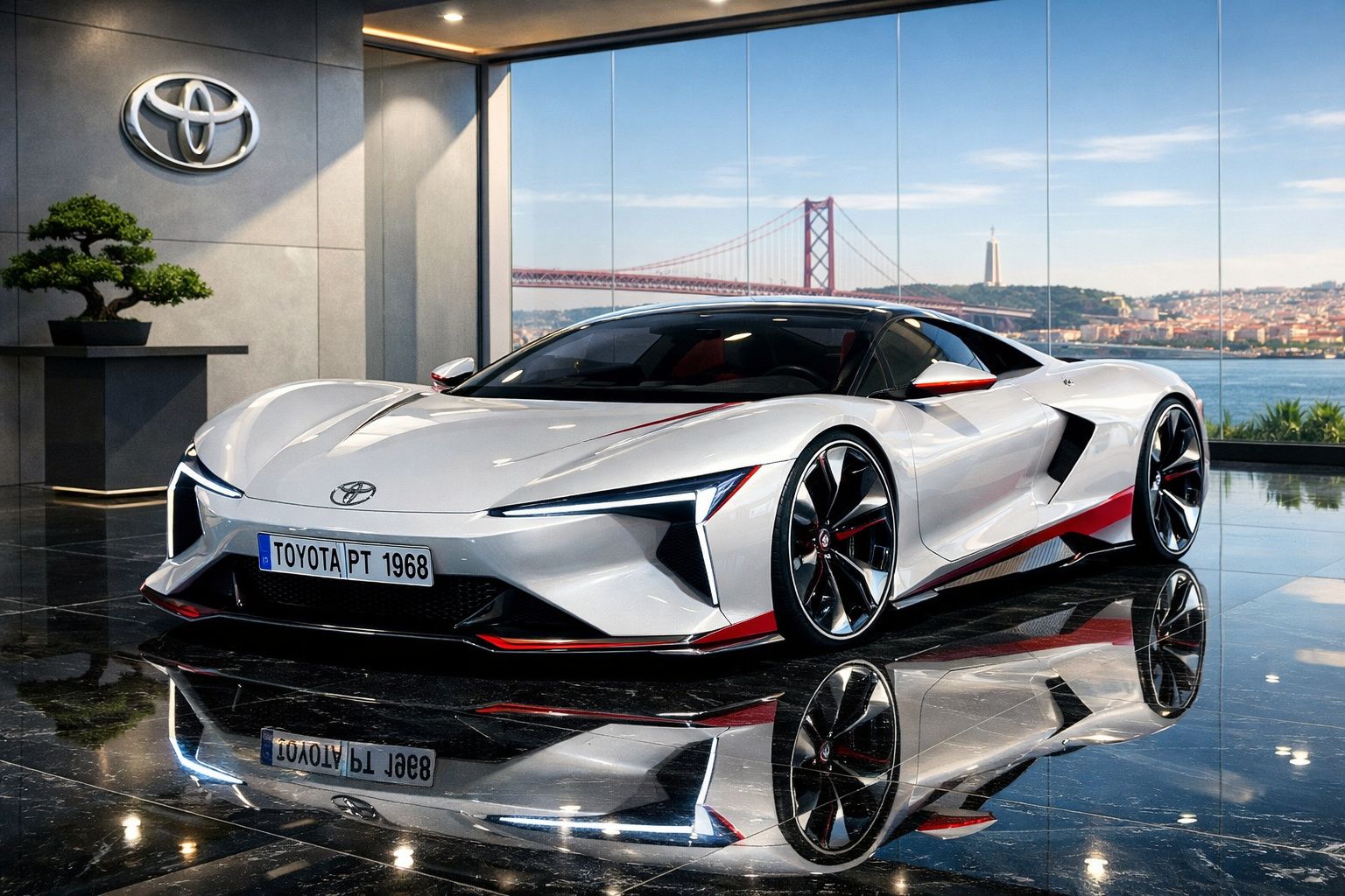 Carro desportivo Toyota branco com detalhes vermelhos estacionado em chão espelhado e vista de ponte ao fundo.