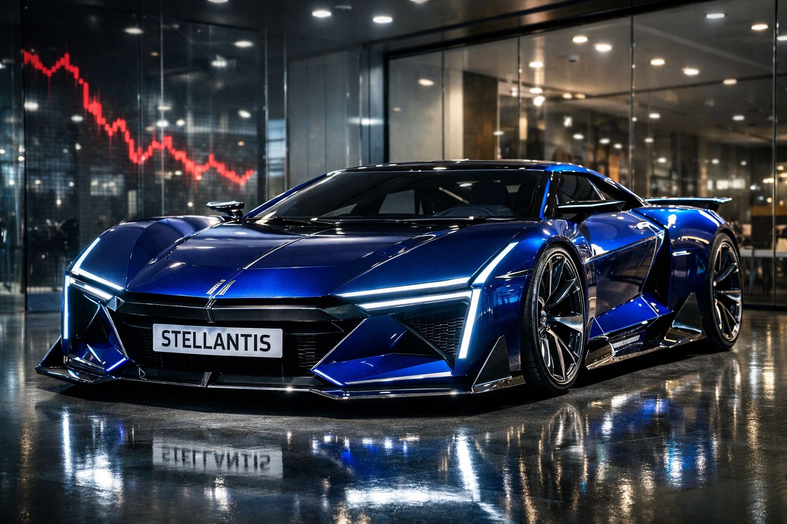 Carro desportivo azul metálico da Stellantis com design futurista estacionado em piso brilhante interior.