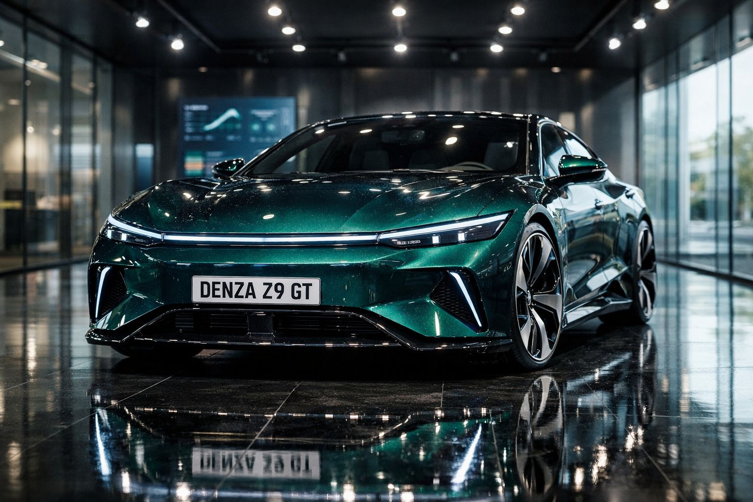 Carro elétrico desportivo Denza Z9 GT verde metálico num ambiente moderno de exposição.