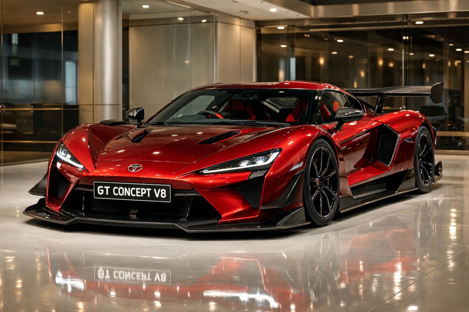 Carro desportivo vermelho Toyota GT Concept V8 estacionado em piso interior reflexivo.