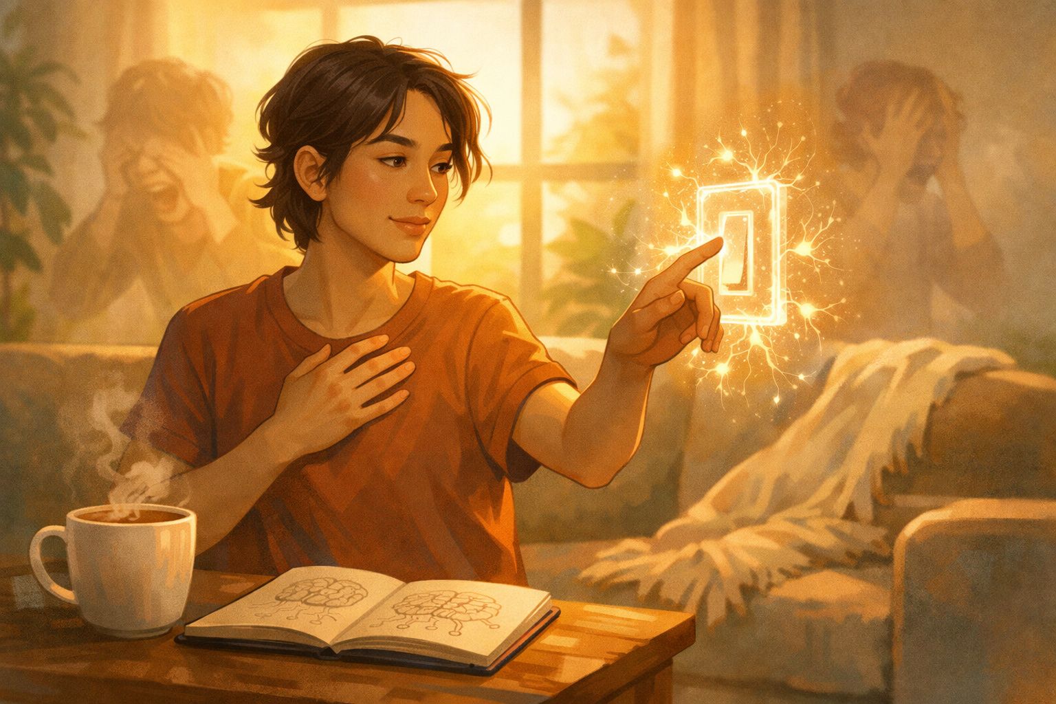 Pessoa jovem ativa um interruptor luminoso flutuante enquanto estuda, com ambiente acolhedor e chá quente na mesa.