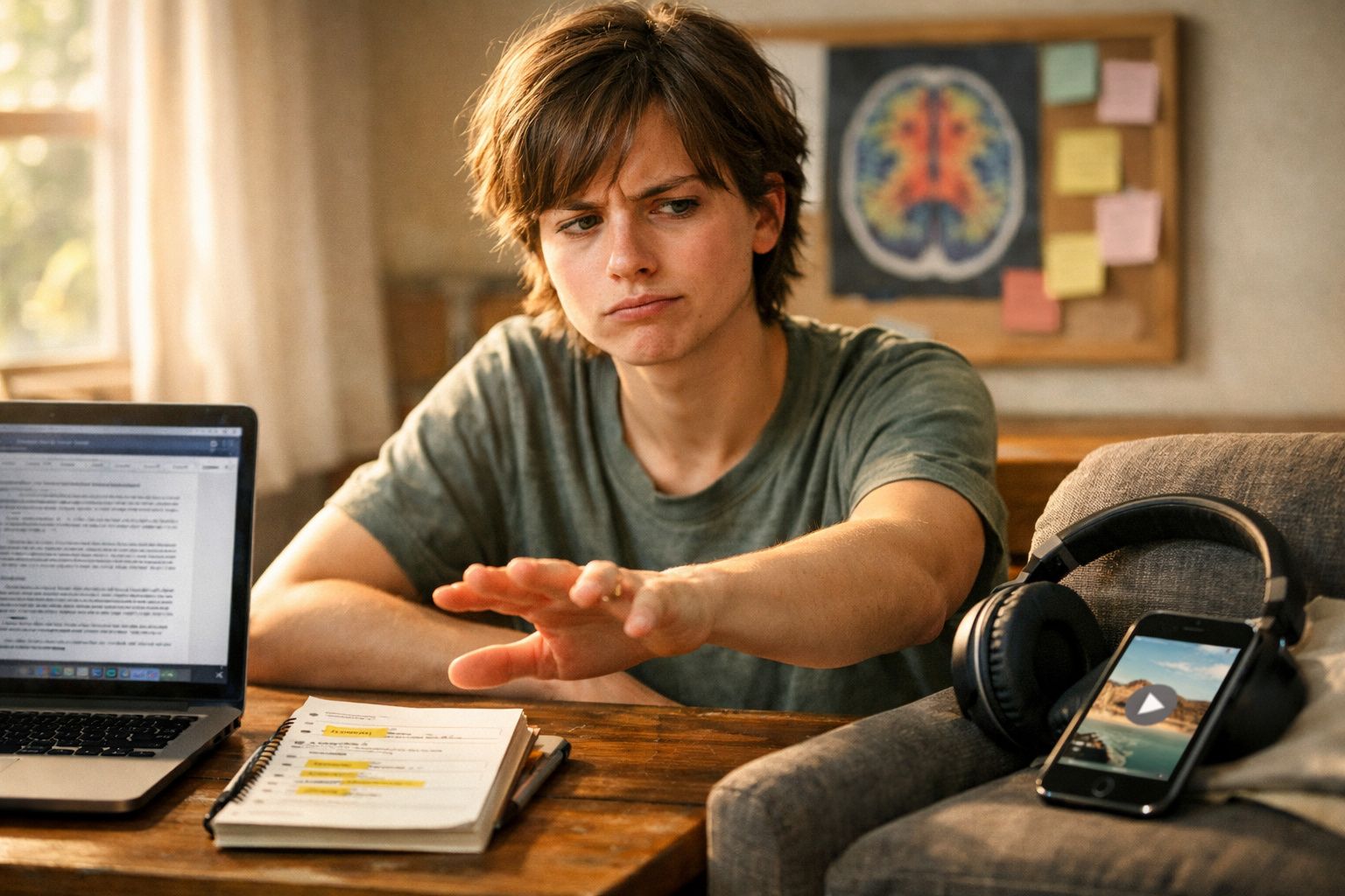 Pessoa a tentar desligar telemóvel com auscultadores enquanto trabalha com portátil e caderno na mesa de madeira.