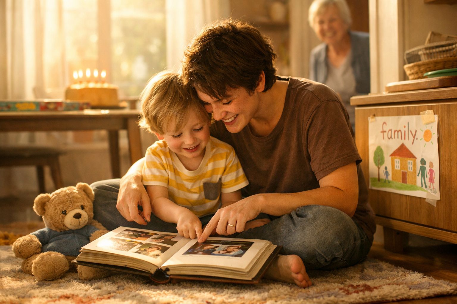 Mãe e filho sentados no chão a folhear um álbum de fotografias, com ursinho e bolo ao fundo.