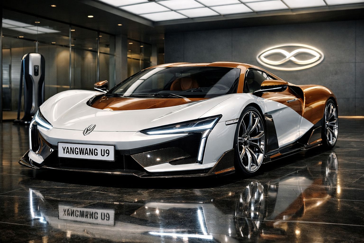 Carro desportivo elétrico branco e cobre Yangwang U9, estacionado interior, com logo iluminado na parede.