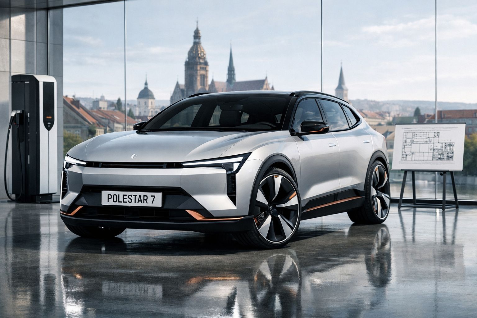 Carro elétrico Polestar 7 prateado estacionado em garagem com carregador e planta arquitetónica.