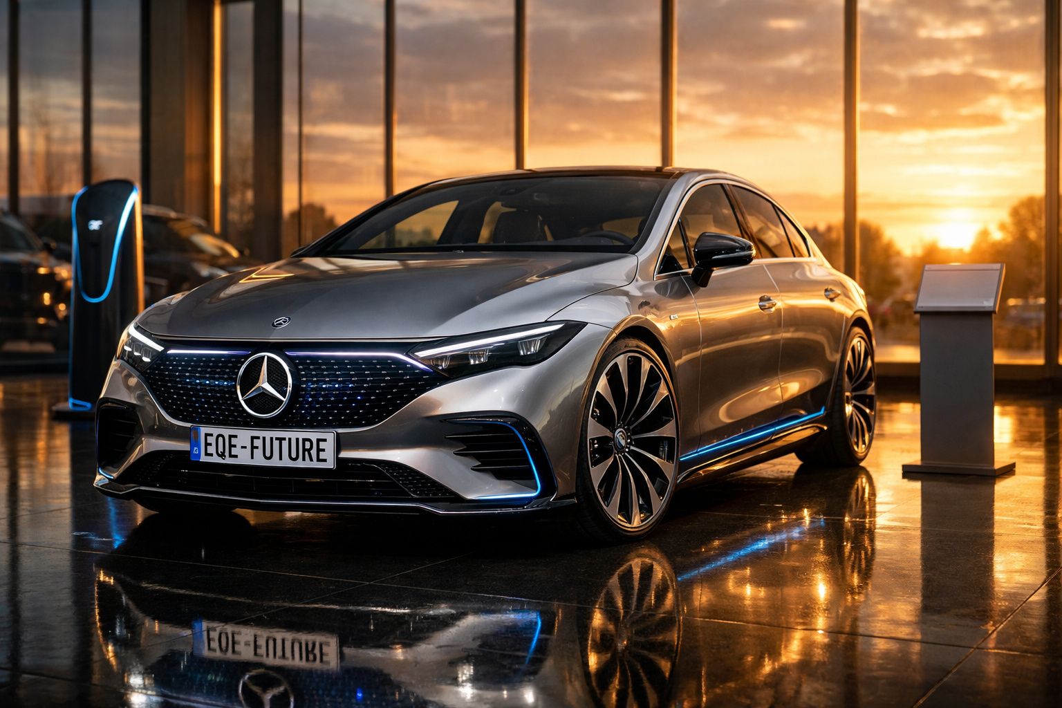 Carro elétrico Mercedes-Benz EQE cinzento estacionado junto a posto de carregamento ao pôr do sol.