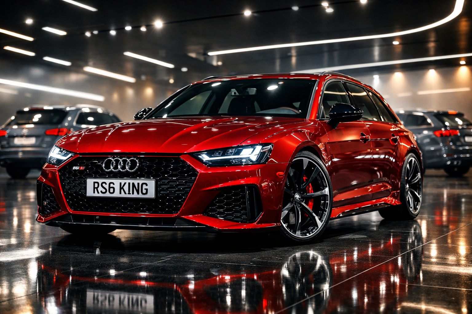 Carro desportivo Audi RS6 Avant vermelho estacionado em garagem iluminada, com destaque para detalhes e rodas.