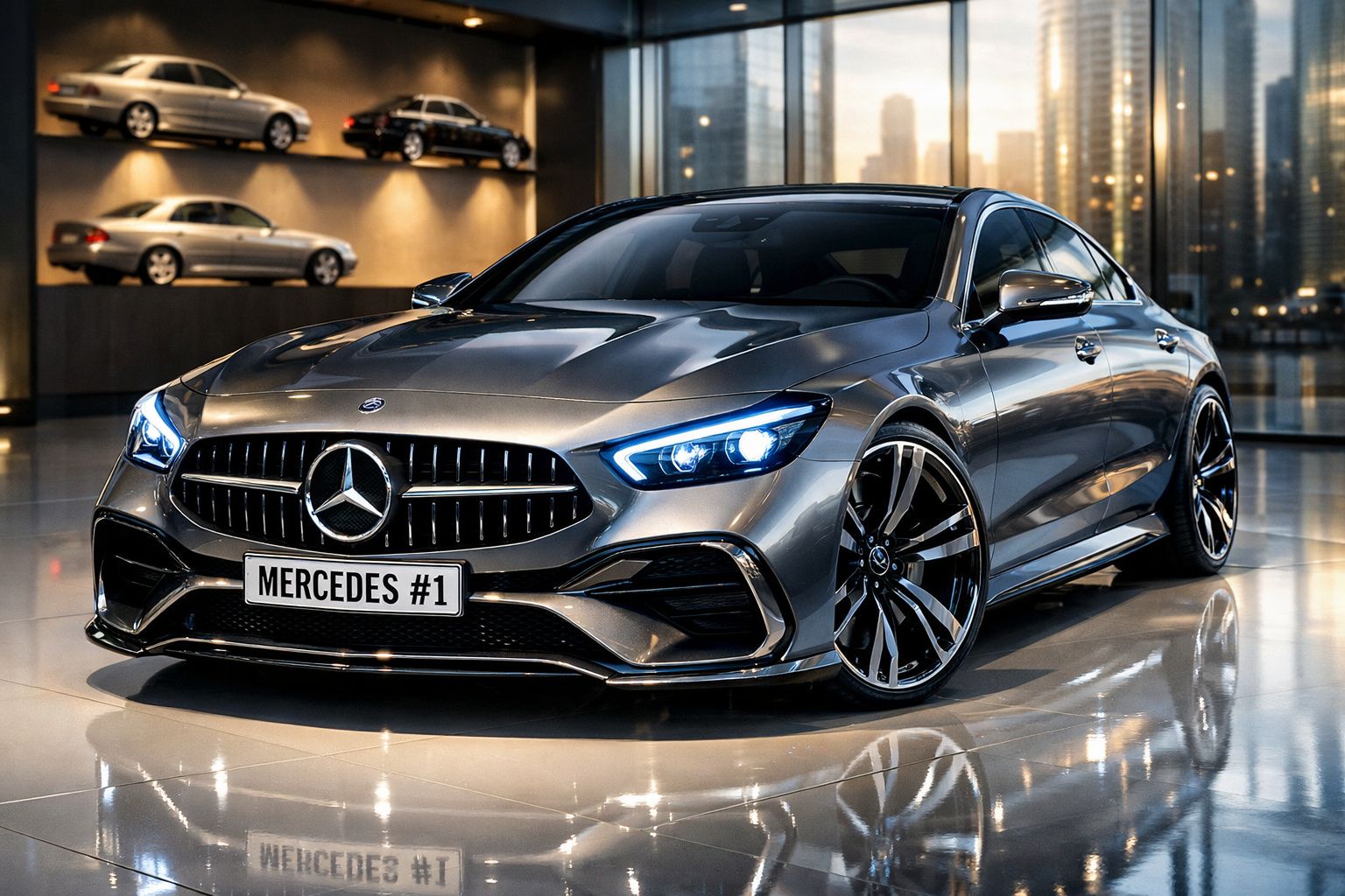 Mercedes desportivo cinzento com faróis LED ligados, em showroom moderno, refletindo no chão brilhante.