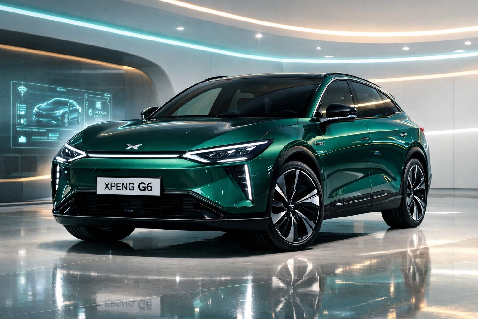 Carro elétrico verde XPENG G6 estacionado em interior moderno com iluminação artificial.