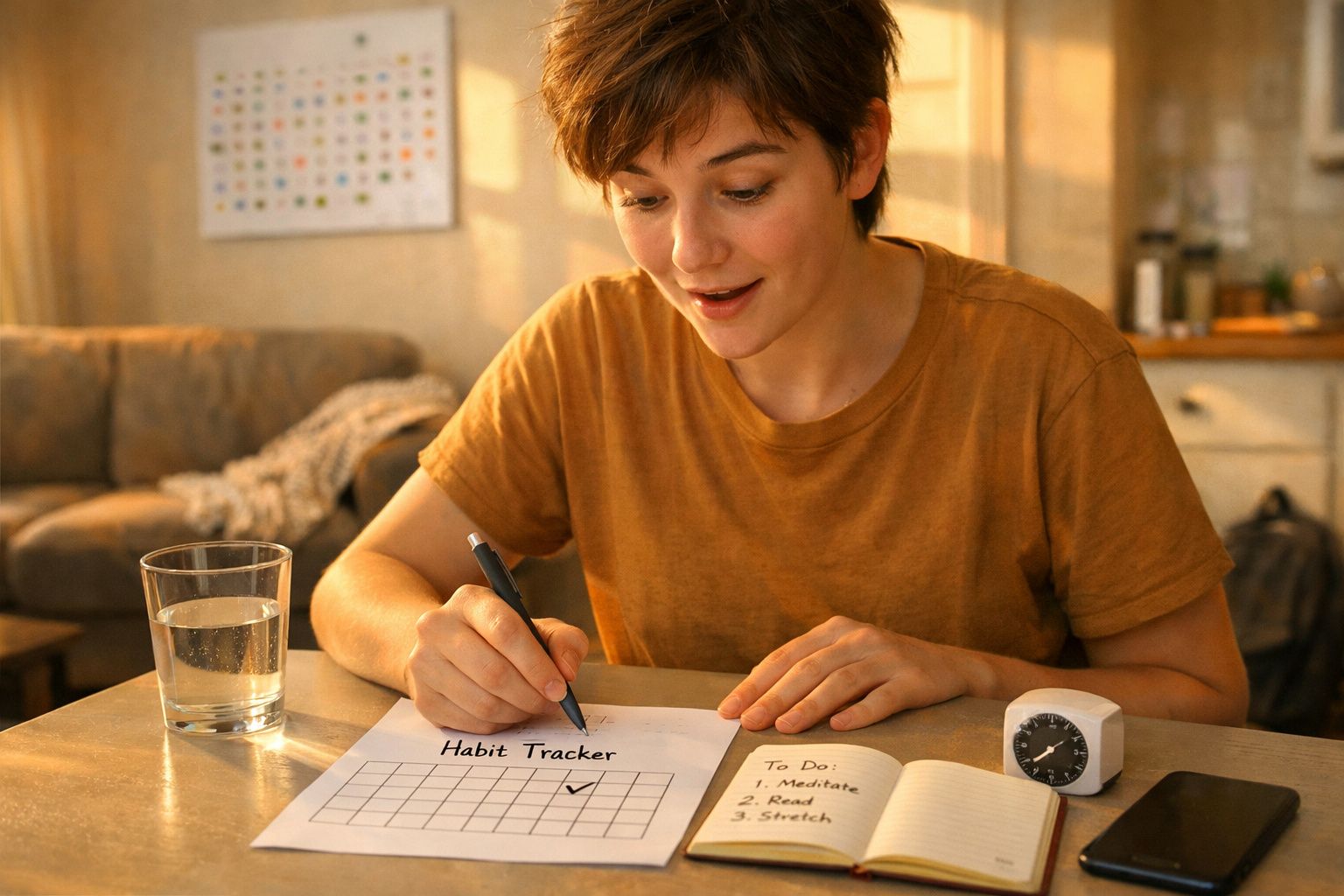 Pessoa jovem a preencher um gráfico de hábitos numa mesa com caderno, vidro de água e temporizador.