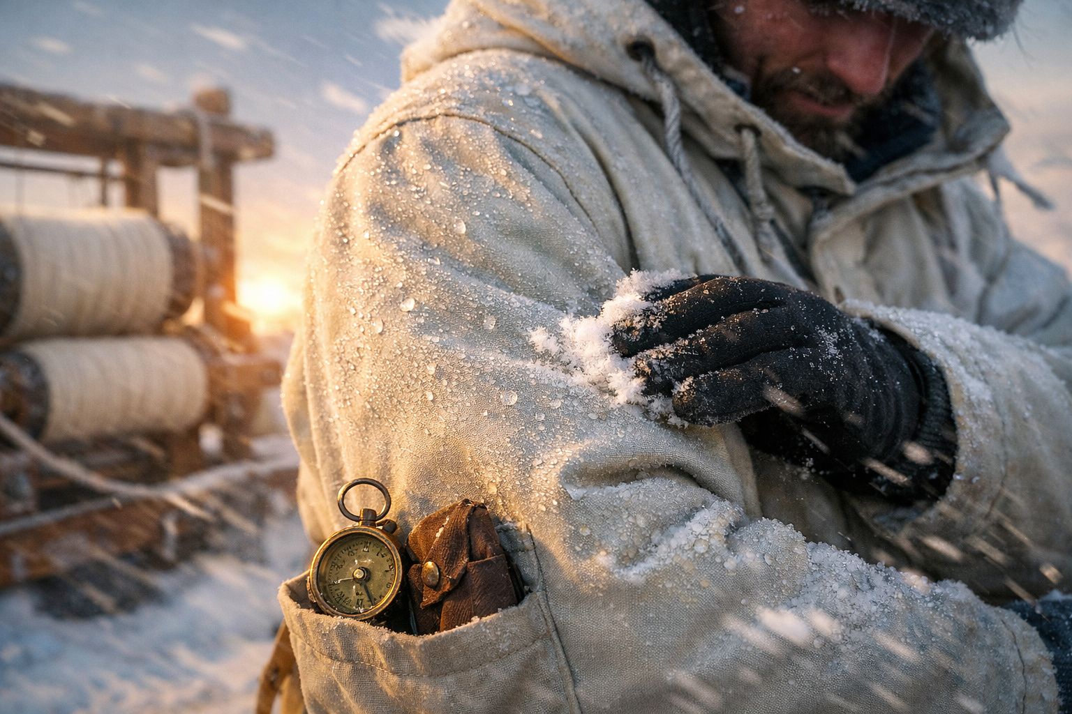 Homem com roupa quente e luvas toca no braço coberto de gelo, com bússola no bolso e neve a cair.