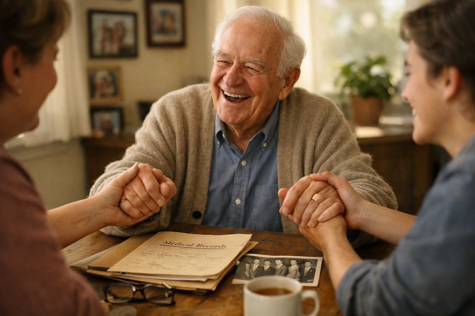 Homem idoso sorridente segura as mãos de duas pessoas sentadas à mesa com documentos antigos.