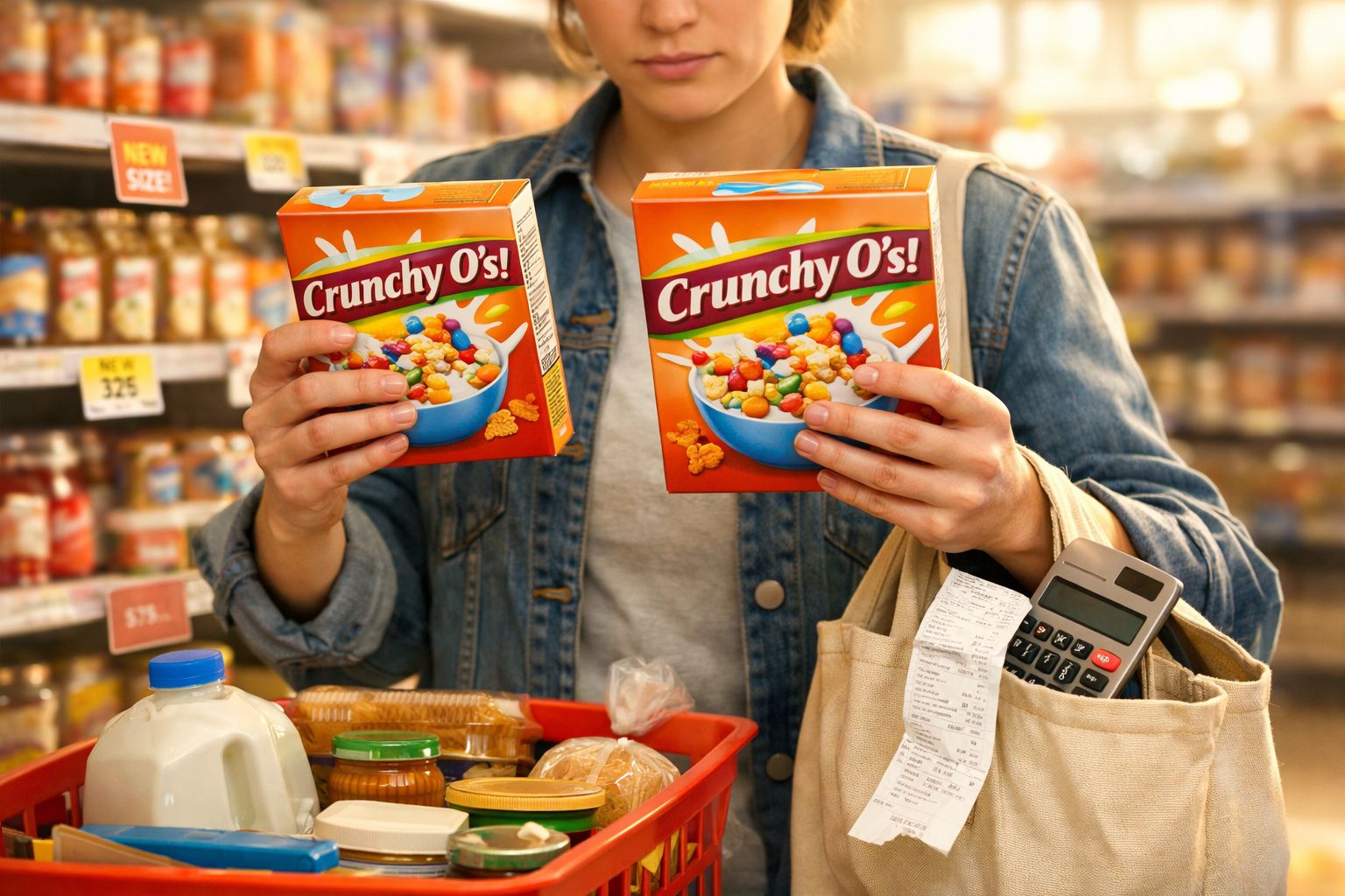 Pessoa com casaco de ganga segura caixas de cereais Crunchy O's num supermercado.