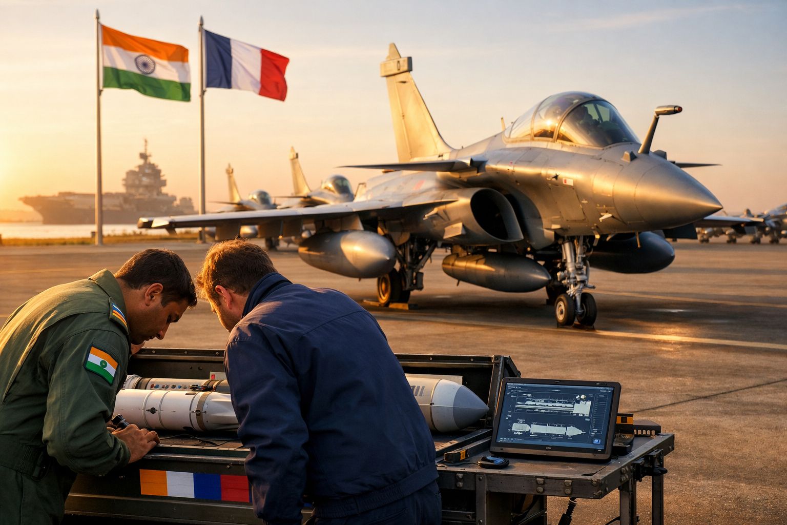 Dois técnicos com uniformes, bandeiras da Índia e França ao fundo, e avião de combate num aeroporto ao pôr do sol.
