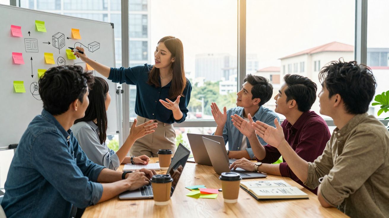 Grupo de jovens em reunião de trabalho, com mulher a explicar num quadro branco cheio de notas adesivas coloridas.