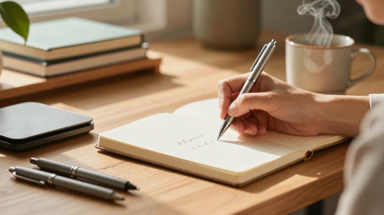 Pessoa a escrever num caderno aberto, com canetas, telemóvel e chá quente numa mesa de madeira iluminada.