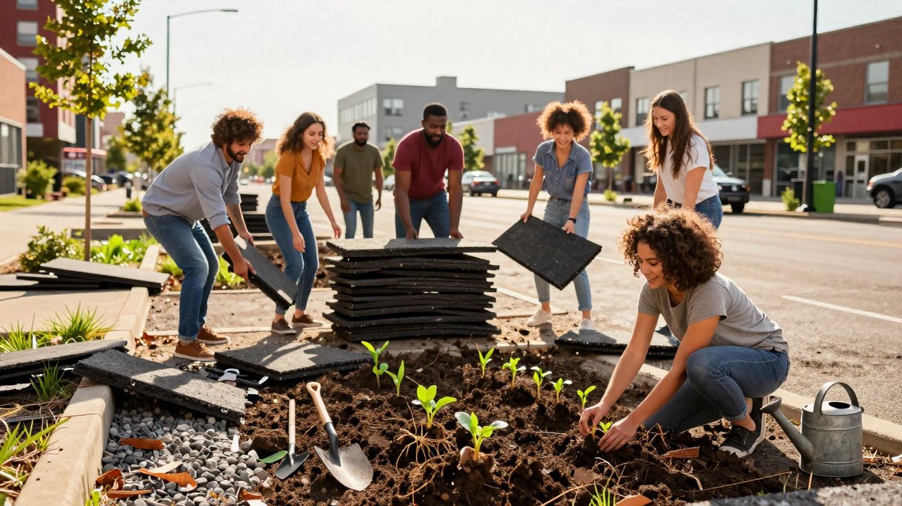 Grupo de jovens a montar jardim urbano com plantas e tapetes de borracha numa zona pedonal da cidade.