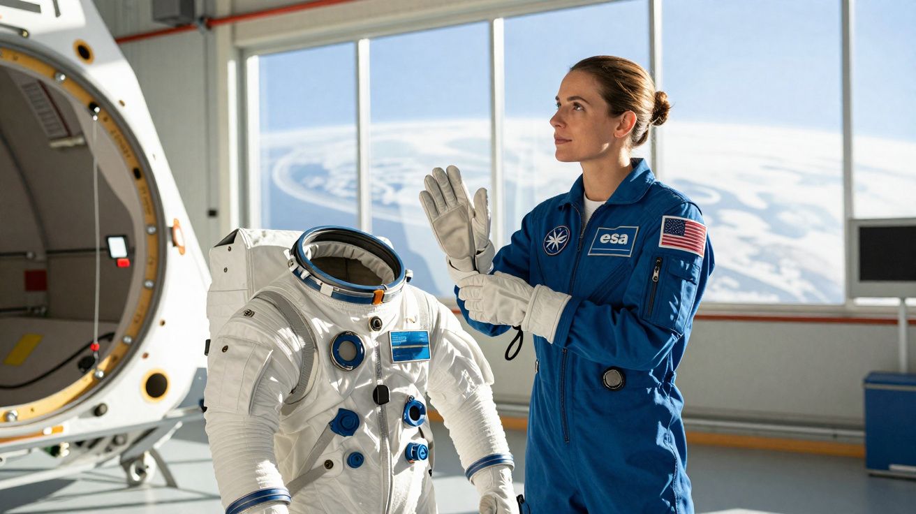 Astronauta a vestir fato azul colocou luvas junto a fato espacial branco num módulo espacial.