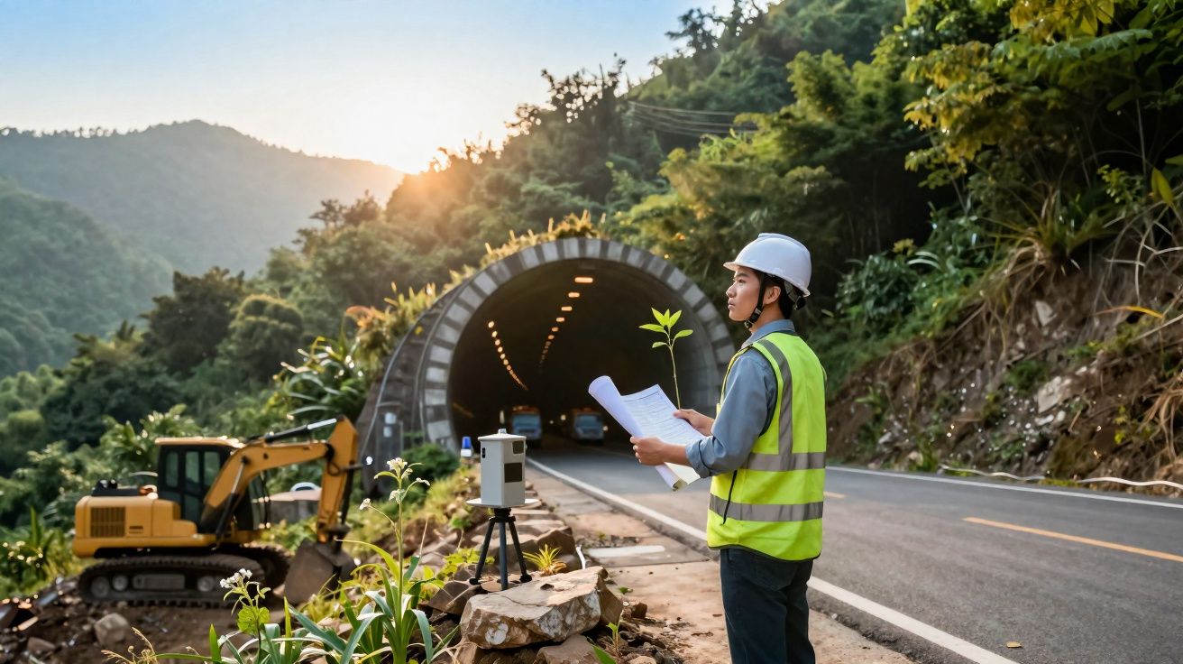 Engenheiro em colete refletor e capacete inspeciona obra rodoviária junto a túnel na serra ao pôr do sol.