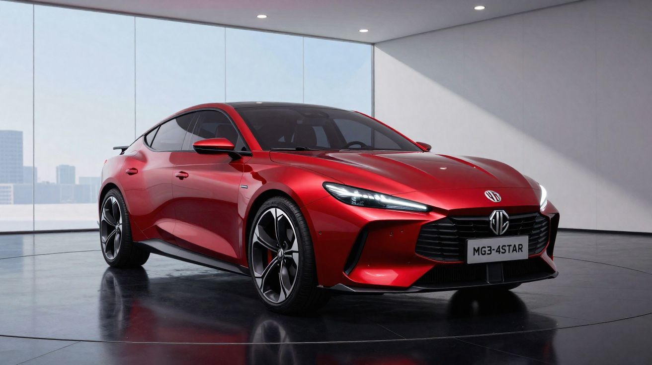 Carro desportivo vermelho MG3-4STAR estacionado em showroom moderno com grandes janelas de vidro.