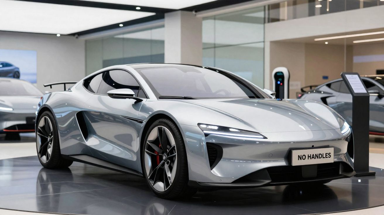 Carro desportivo elétrico prateado com design aerodinâmico exposto em showroom moderno.