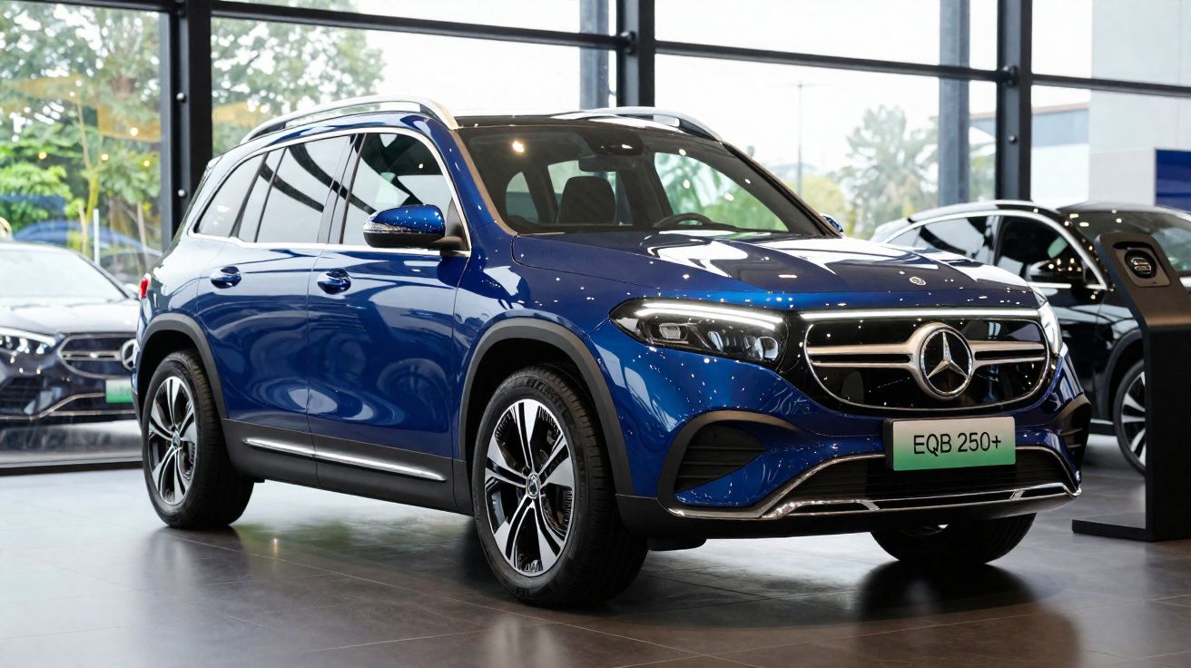 Carro SUV eléctrico Mercedes-Benz EQB 250+ azul exposto num salão de automóveis moderno.
